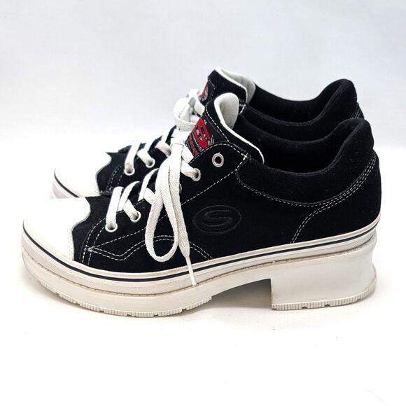 Y2K Sketchers Black Softy Heartbeat Suede Platform Chunky Heel Black Size 9 - Picture 3 of 7